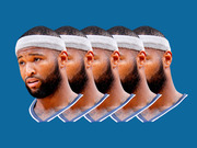 Editorial illustration showing a basketball player's face repeated five times in a row against a blue background, creating a multiplied visual effect.