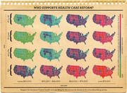 Grid of 16 US state-level choropleth maps showing support for health care reform by age group (18-29 to 65+) and income bracket (under $20k to over $75k).
