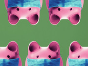 Repeating pattern of pink piggy banks wearing blue surgical masks on a green background, editorial illustration likely related to healthcare costs or pandemic economics.