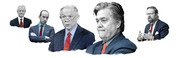 Editorial illustration showing five men in suits with red ties, depicted in a collage style with varying sizes suggesting a ranking or hierarchy.