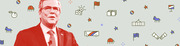 Editorial illustration of a red-tinted Jeb Bush against a light green background scattered with small political icons including flags, money, stars, donkeys, and the White House.