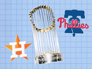 Editorial illustration showing the MLB Commissioner's Trophy flanked by the Houston Astros and Philadelphia Phillies logos on a blue grid background.