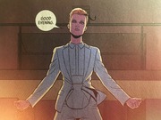 Comic book panel showing a stylized figure in a blue suit with arms outstretched and a speech bubble saying Good Evening.