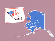 Editorial illustration showing an I Voted sticker and a blue outline of Alaska with stars and the text I Voted Today, on a mauve background.