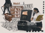 Editorial collage combining a Mobil gas price sign showing $6.17-$6.49, a shopping basket, dollar bills, a voting machine, and a masked woman with a ballot.
