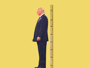 Editorial illustration of Donald Trump standing next to a ruler marked with question marks, suggesting uncertainty about his height.