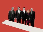 Editorial illustration showing five grayscale figures in formal attire standing on a white diagonal stripe against a red background, depicting Republican senators.