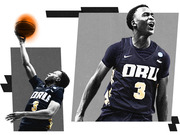Editorial collage illustration of an ORU basketball player number 3 shown shooting and celebrating, rendered in grayscale with orange accent on the ball.