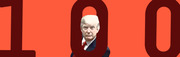Editorial graphic showing the number 100 in large dark red type on a red background with Trump's face visible through the zero, referencing his first 100 days.