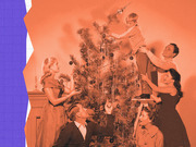 Vintage-style orange-tinted photo of a family decorating a Christmas tree, with a purple torn-paper graphic element on the left edge.