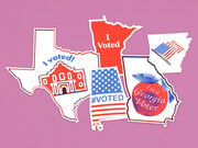 Editorial illustration showing I Voted stickers overlaid on cutout shapes of US states including Texas, Minnesota, Georgia, and Arkansas.