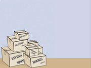 Editorial illustration of stacked moving boxes labeled with room names and contents including Living Room, Kitchen, Books, and Fragile.