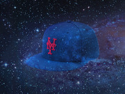 Illustrated New York Mets blue baseball cap with galaxy/space nebula background and star field, editorial art style.