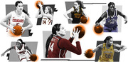 Editorial collage of seven women's college basketball players in action, representing teams including Iowa, Michigan, Kentucky, Washington State, and others.