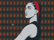 Stylized editorial illustration of a female basketball player with a red headband against a decorative background of basketball and diamond patterns with a South Carolina palmetto logo.