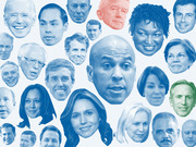 Collage of colorized portrait faces of numerous 2020 Democratic presidential candidates and potential candidates arranged across a light background.