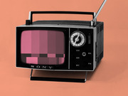 Vintage Sony portable television with antenna on a salmon-colored background, screen showing pixelated pink static bars as editorial illustration.