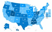Choropleth map of the United States showing states shaded in varying shades of blue, with state abbreviations labeled.