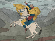 Editorial illustration depicting Barack Obama in the pose of Napoleon crossing the Alps, riding a rearing white horse with a golden cape against a mountain backdrop.