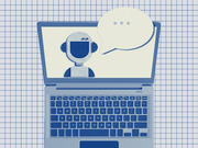 Editorial illustration of a robot on a laptop screen with a speech bubble containing ellipsis dots, on a grid background, representing AI chatbot communication.