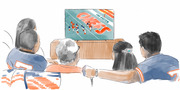 Illustrated scene of five people watching a TV showing a football field with Chiefs branding and an End Racism message.