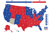 US Electoral College map showing Clinton with 347 electoral votes versus Trump with 180, with states colored blue for Clinton and red for Trump, and Arizona shown as toss-up.