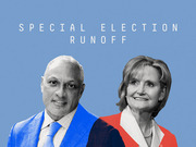 Editorial illustration showing two candidates facing off in a Special Election Runoff, one in a blue suit and one in a red jacket, on a blue background.