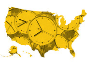 Yellow editorial illustration of the United States map filled with overlapping analog clocks, representing time zones or daylight saving time.