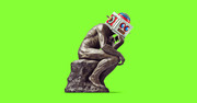 Editorial illustration of Rodin's The Thinker statue with a colorful toy robot head, set against a bright green background.