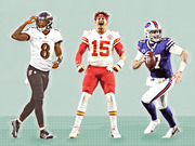 Editorial illustration of three NFL quarterbacks: Ravens number 8, Chiefs number 15, and Bills number 17, posed on a teal grid background.