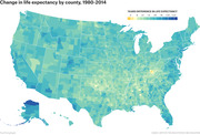 Choropleth map of the United States showing change in life expectancy by county from 1980 to 2014, with colors ranging from yellow (decline) to dark blue (increase of 12+ years).