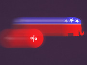 Editorial illustration showing a red pill with a percent sign speeding toward the Republican elephant symbol, suggesting a connection between drug pricing and Republican politics.