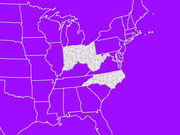 US map with purple background highlighting several states including Ohio, West Virginia, Virginia, and North Carolina with a hatched pattern.