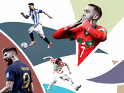 Editorial collage of four World Cup soccer players including Giroud (France), Messi (Argentina), Modric (Croatia), and a Morocco player against colorful abstract background.