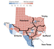 Choropleth map of Texas counties showing 2008 presidential election margins, with regions labeled Plainland, Trinity, El Norte, Gulfland, and New Texas.