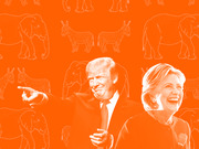 Orange-tinted editorial illustration of Donald Trump and Hillary Clinton against a background pattern of Republican elephants and Democratic donkeys.