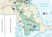 Map of Massachusetts Congressional District 4 (MA-4) showing the district boundaries in green around the southeastern Boston metro area including Taunton, Fall River, and New Bedford.
