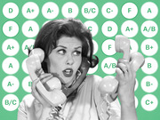 Retro black-and-white photo of a woman holding multiple telephone receivers, set against a green background filled with letter grade circles from A+ to F.