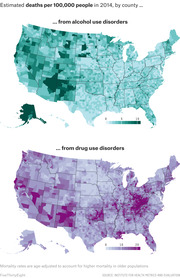 Two US county-level choropleth maps showing estimated deaths per 100,000 people in 2014 from alcohol use disorders (teal) and drug use disorders (purple).