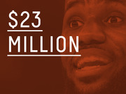 Red-tinted editorial graphic showing a close-up face in the background with large white text displaying $23 Million as a key figure.