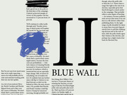 Large bold text reading BLUE WALL with two letter I shapes above it, accompanied by a blue ink blot illustration, from a FiveThirtyEight election article.