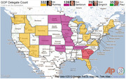 US map showing GOP delegate count by state with Romney at 332, Santorum at 139, Gingrich at 75, and Paul at 35 delegates.
