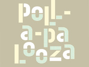 Decorative typographic illustration spelling out Poll-a-pa-looza in large stylized letters with cream and blue grid patterns on a tan background.