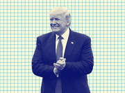 Blue-tinted editorial illustration of Donald Trump in a suit clapping, set against a cream background with a blue grid pattern.