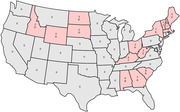 US map showing states highlighted in pink with numbers and letter codes, likely representing delegate counts or electoral data by state.