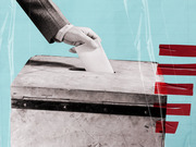 Editorial collage illustration showing a hand inserting a ballot into a metal ballot box, overlaid with red tape strips and plastic wrap on a teal grid background.