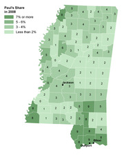 Choropleth map of Mississippi counties showing Ron Paul's vote share in the 2008 primary, with counties shaded by percentage ranges from less than 2% to 7% or more.