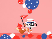 Cartoon mascot character wearing a patriotic hat and press badge, waving an RNC pennant flag surrounded by red, white, and blue star-covered balloons.