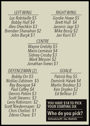 Hockey fantasy draft infographic listing NHL legends by position with dollar values from $1 to $5, challenging readers to pick a starting six with an $18 budget.