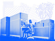 Blue-tinted vintage photo of a woman operating an IBM mainframe computer, overlaid with decorative blue geometric and topographic line patterns.